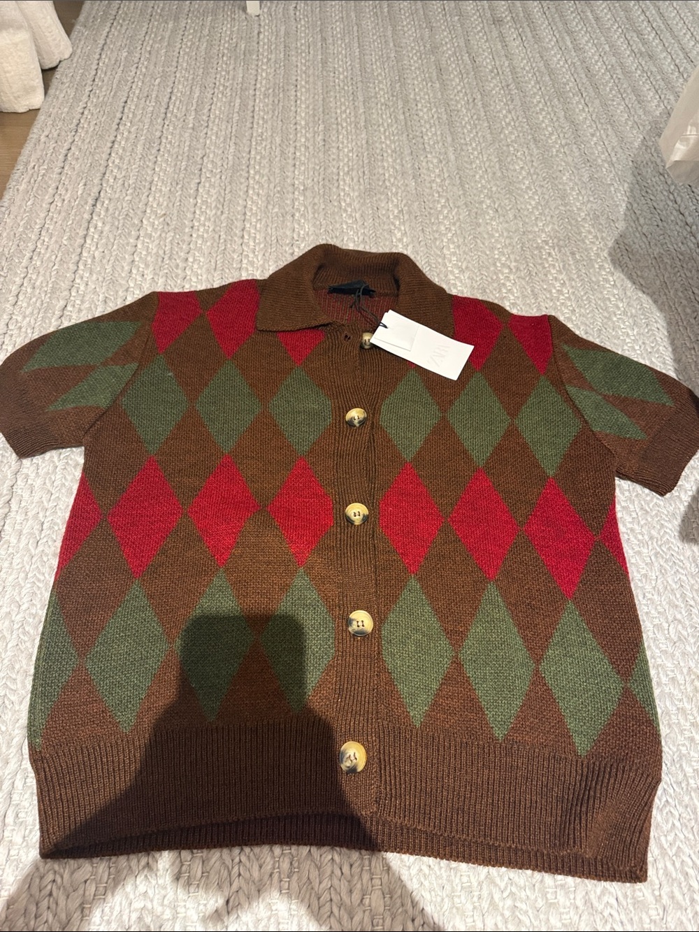 Zara Brown Argyle Short-Sleeve Cardigan with Red & Green Diamonds